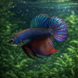 Betta smaragdina male adulte, coloration vert emeraude iridescent et nageoires rouges - Aquaplante