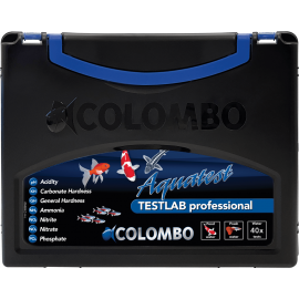 Mallette Colombo Test Lab ouverte avec 7 tests en gouttes pour aquarium - pH GH KH NO2 NO3 NH3 PO4