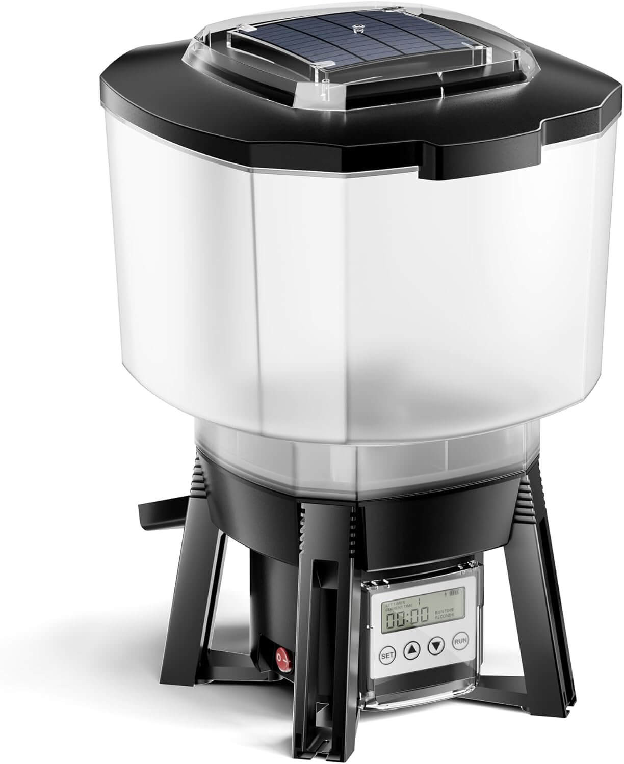 Distributeur automatique solaire Sunsun CFF-212 12L au bord d'un bassin à carpes koï