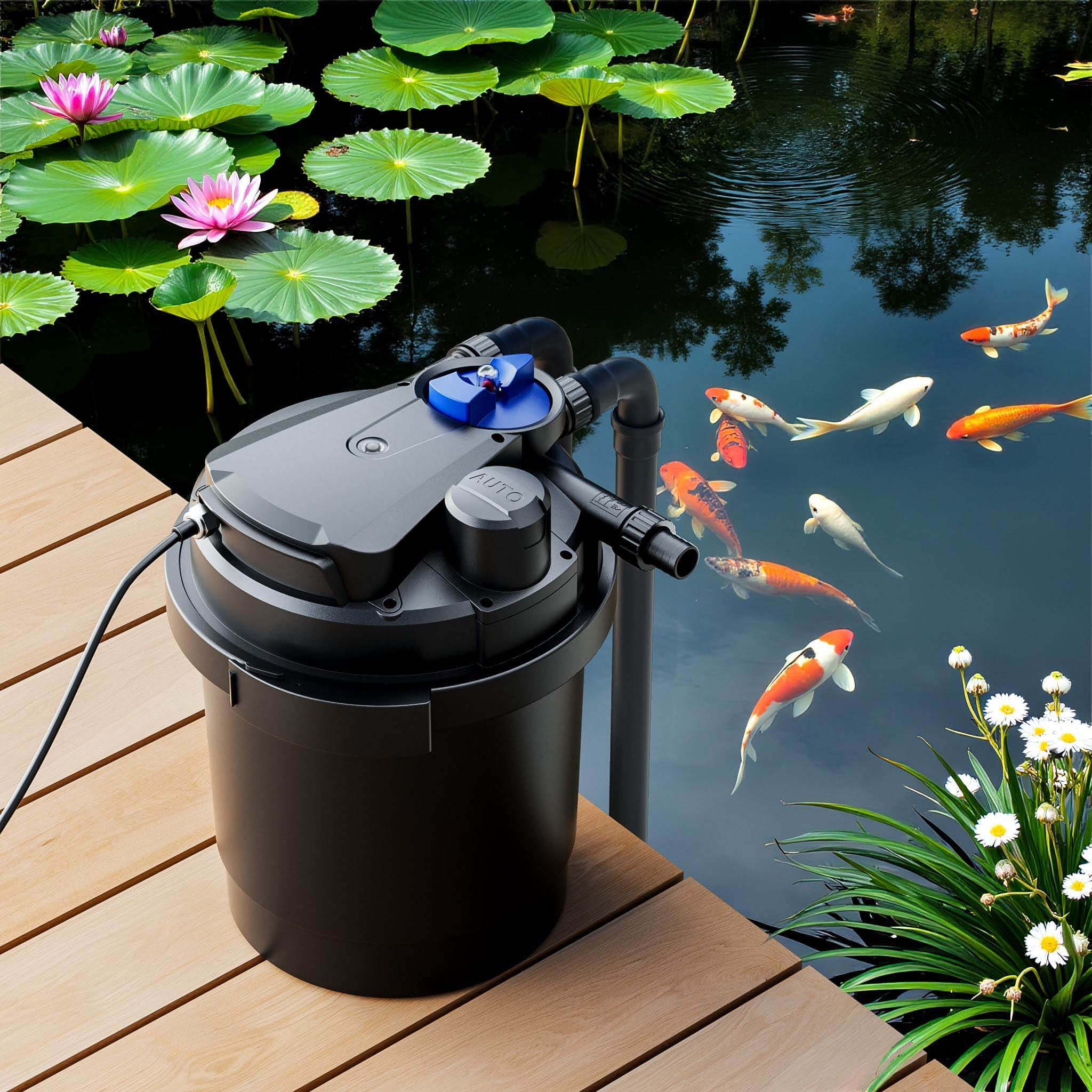 Filtre pression Sunsun CPA-2500 installé au bord d'un bassin à carpes koï et nénuphars
