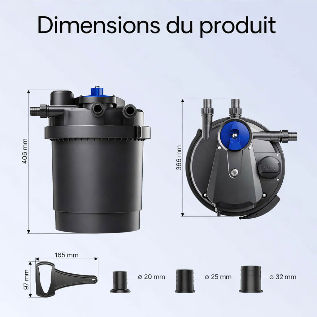 Dimensions Sunsun CPA-2500 : 406 x 366 mm avec 3 embouts 20 25 et 32 mm