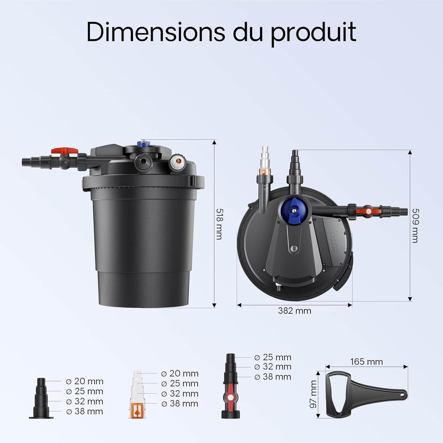 Dimensions Sunsun CPA-10000 : 518 x 382 mm avec 4 embouts 20 25 32 et 38 mm