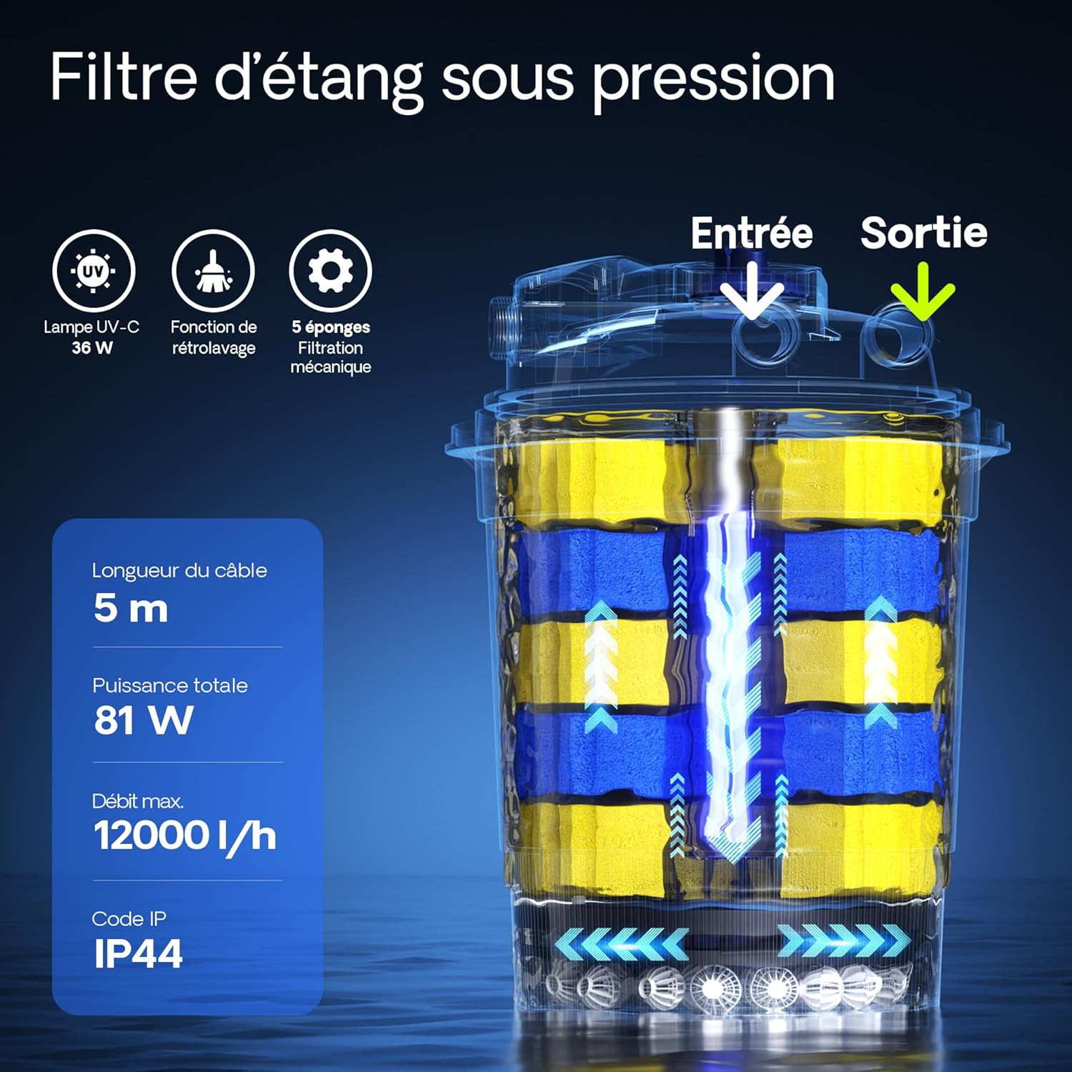 Caractéristiques Sunsun CPA-20000 : UV-C 36W, débit 12000 l/h, 81W total, IP44, câble 5m