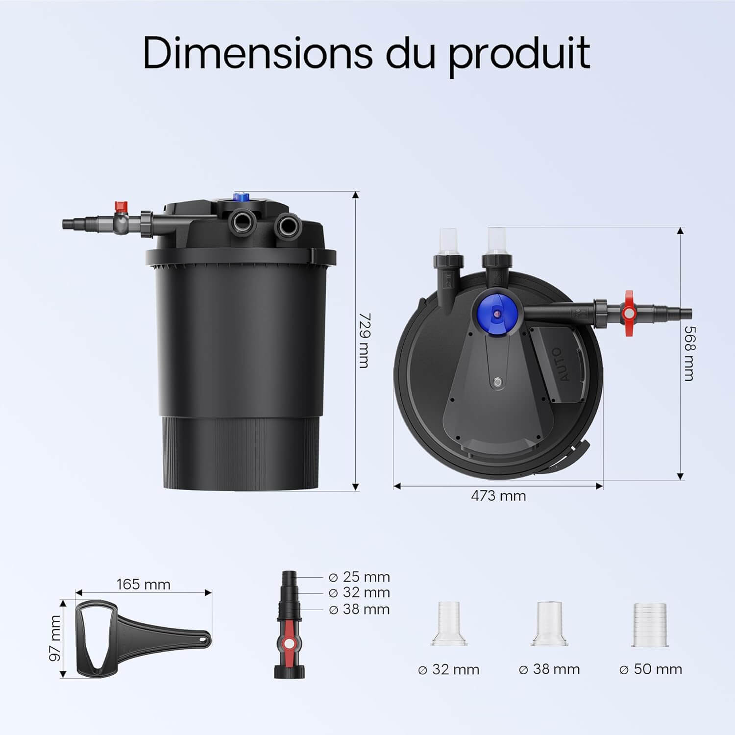Dimensions Sunsun CPA-30000 : 729 x 473 mm avec 4 embouts 25 32 38 et 50 mm