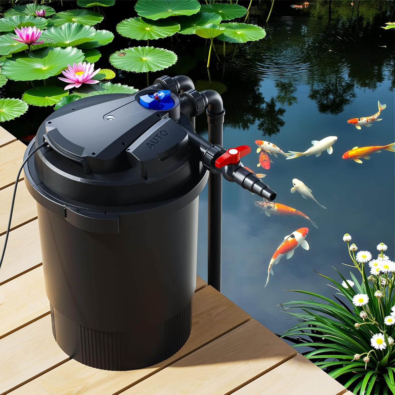 Filtre pression Sunsun CPA-30000 installé au bord d'un grand bassin à carpes koï