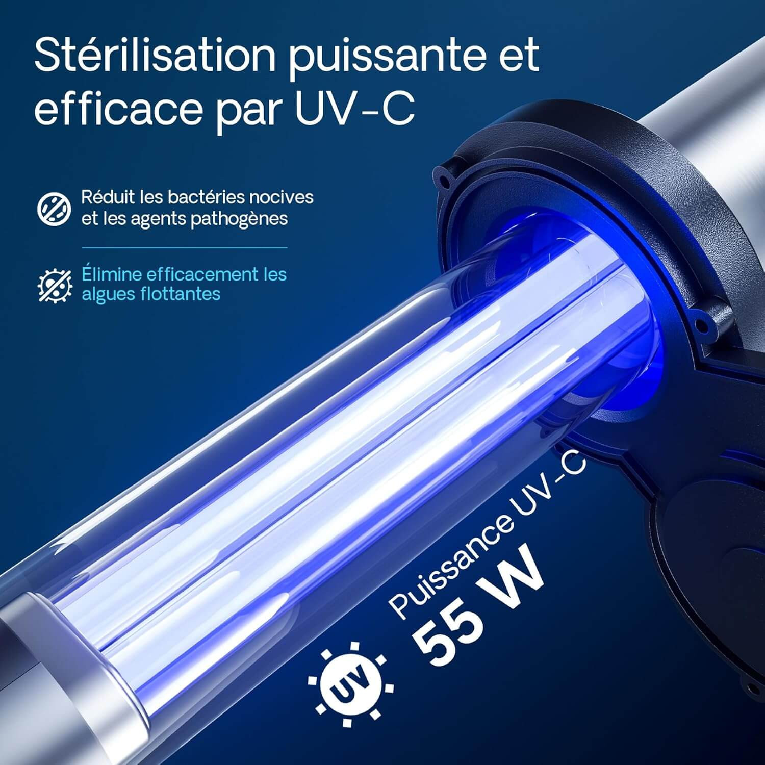 Stérilisation UV-C 55W Sunsun CPA-50000 contre bactéries pathogènes et algues flottantes