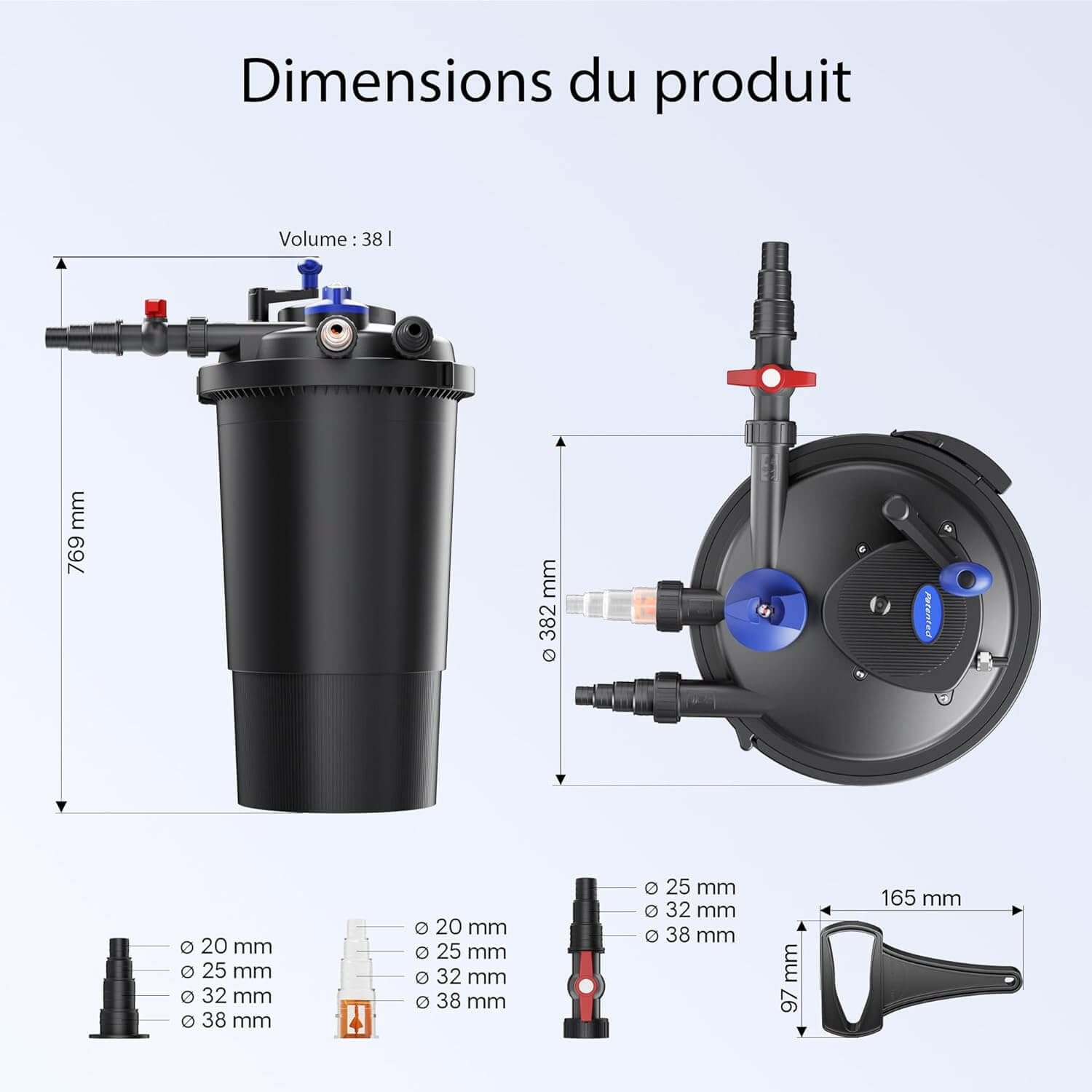 Vue eclatee du filtre Sunsun CPF-15000 avec reperage des 26 composants : couvercle, eponges, lampe UV-C, tube quartz, crepine, bioballs