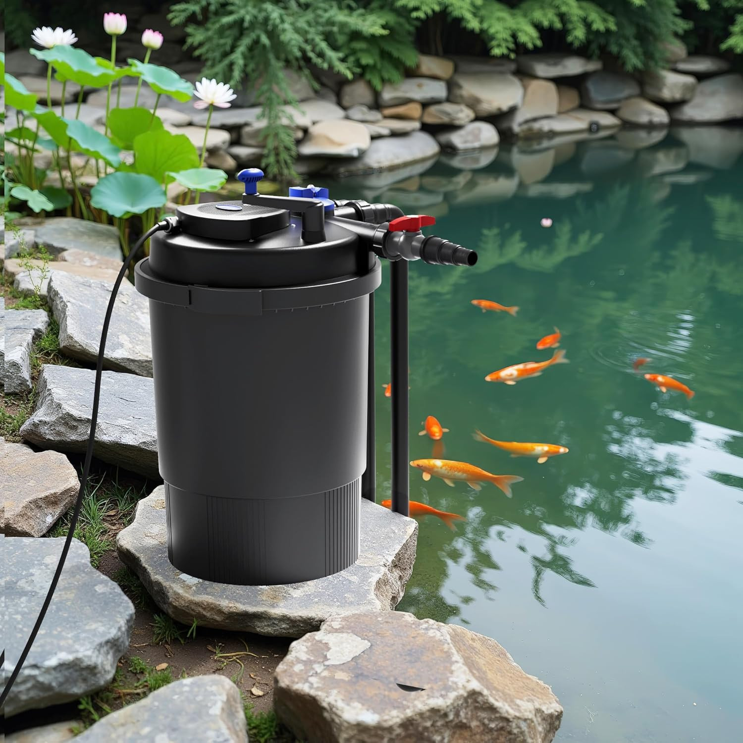 Filtre Sunsun CPF-30000 installe au bord d'un grand bassin de jardin avec carpes koi et nenuphars