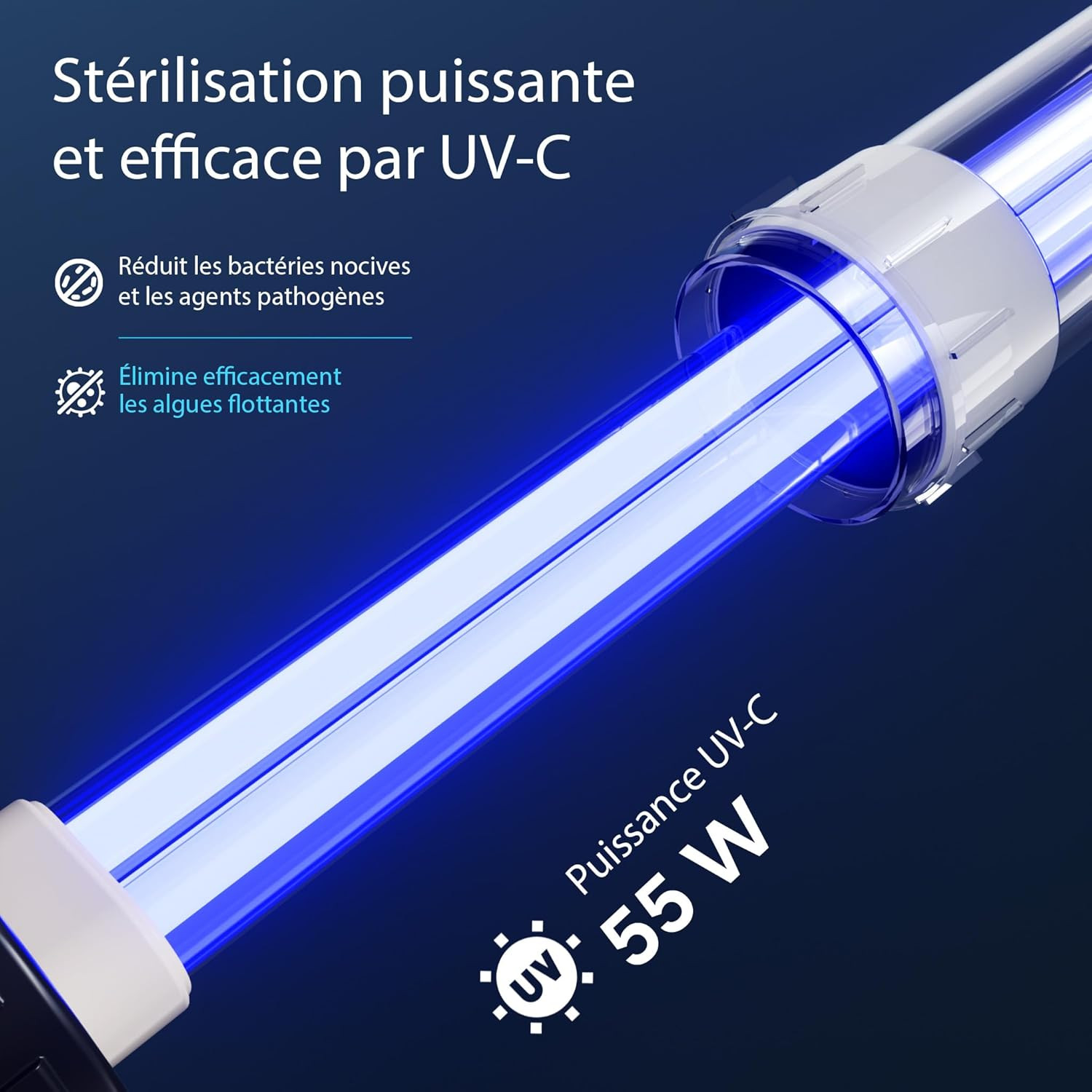 Lampe UV-C 55W haute puissance du filtre Sunsun CPF-30000 pour elimination des algues flottantes et bacteries sur grand bassin