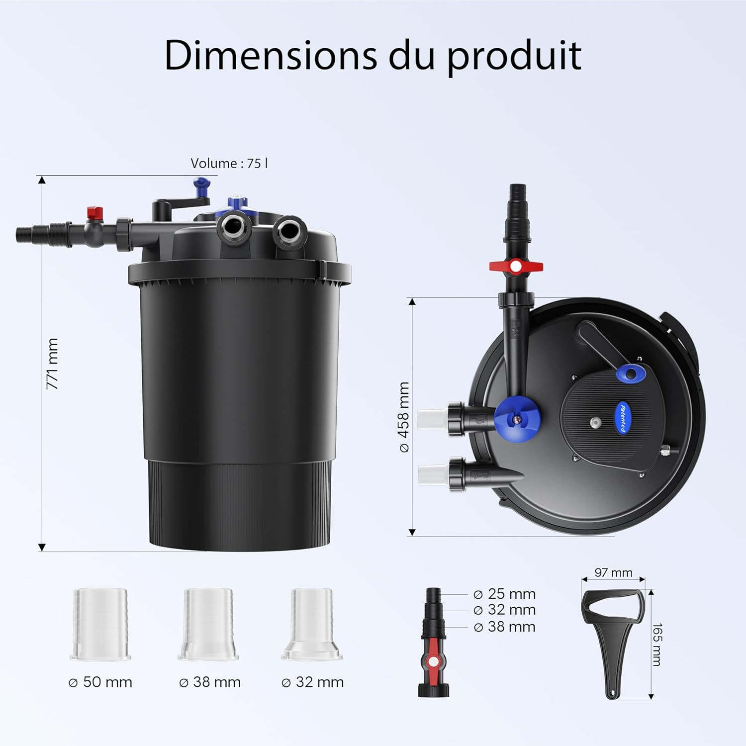 Dimensions du filtre Sunsun CPF-30000 : hauteur 771 mm, diametre 458 mm, volume 75 L, raccords 32-38-50 mm