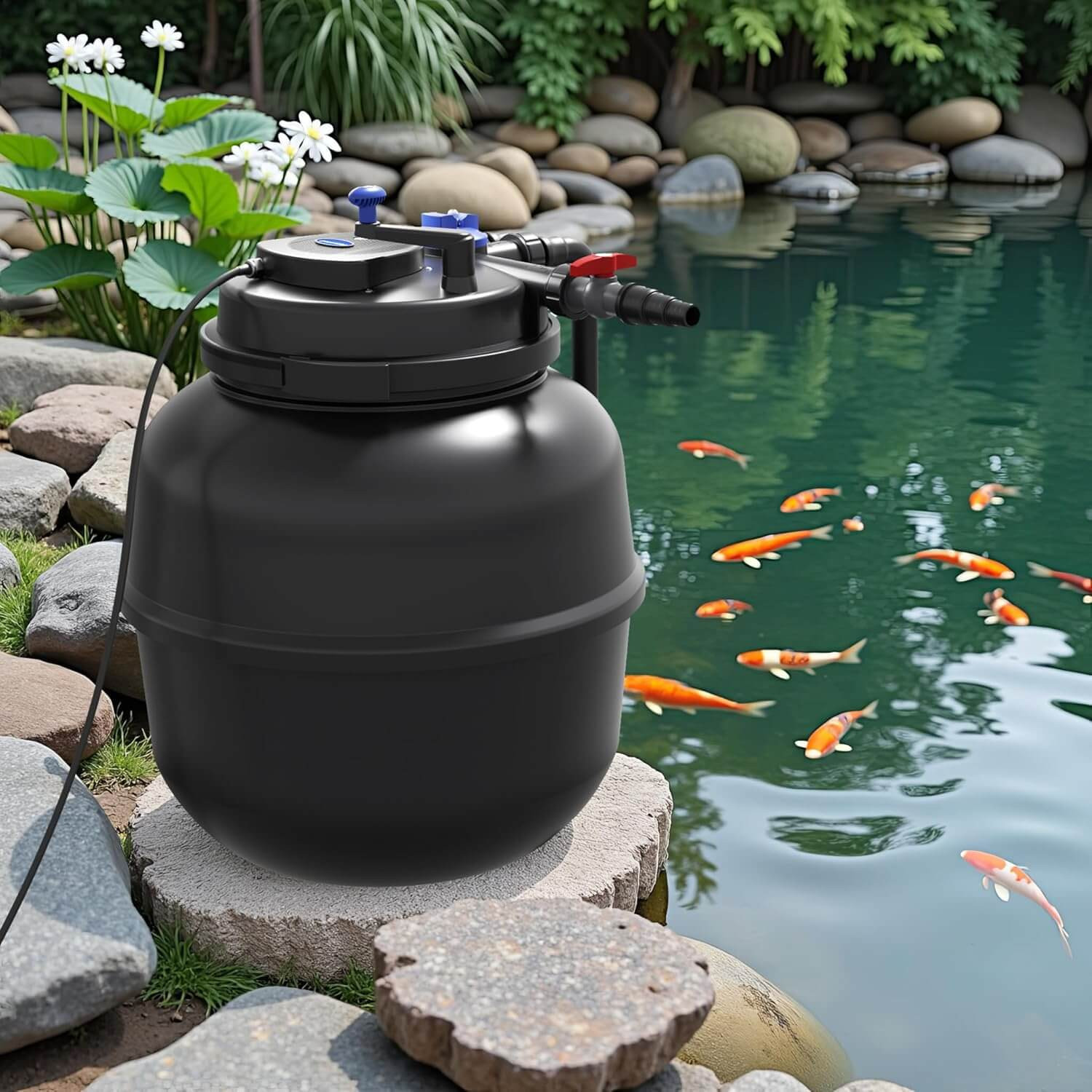 Filtre XXL Sunsun CPF-50000 installe au bord d un grand bassin a carpes koi et nenuphars
