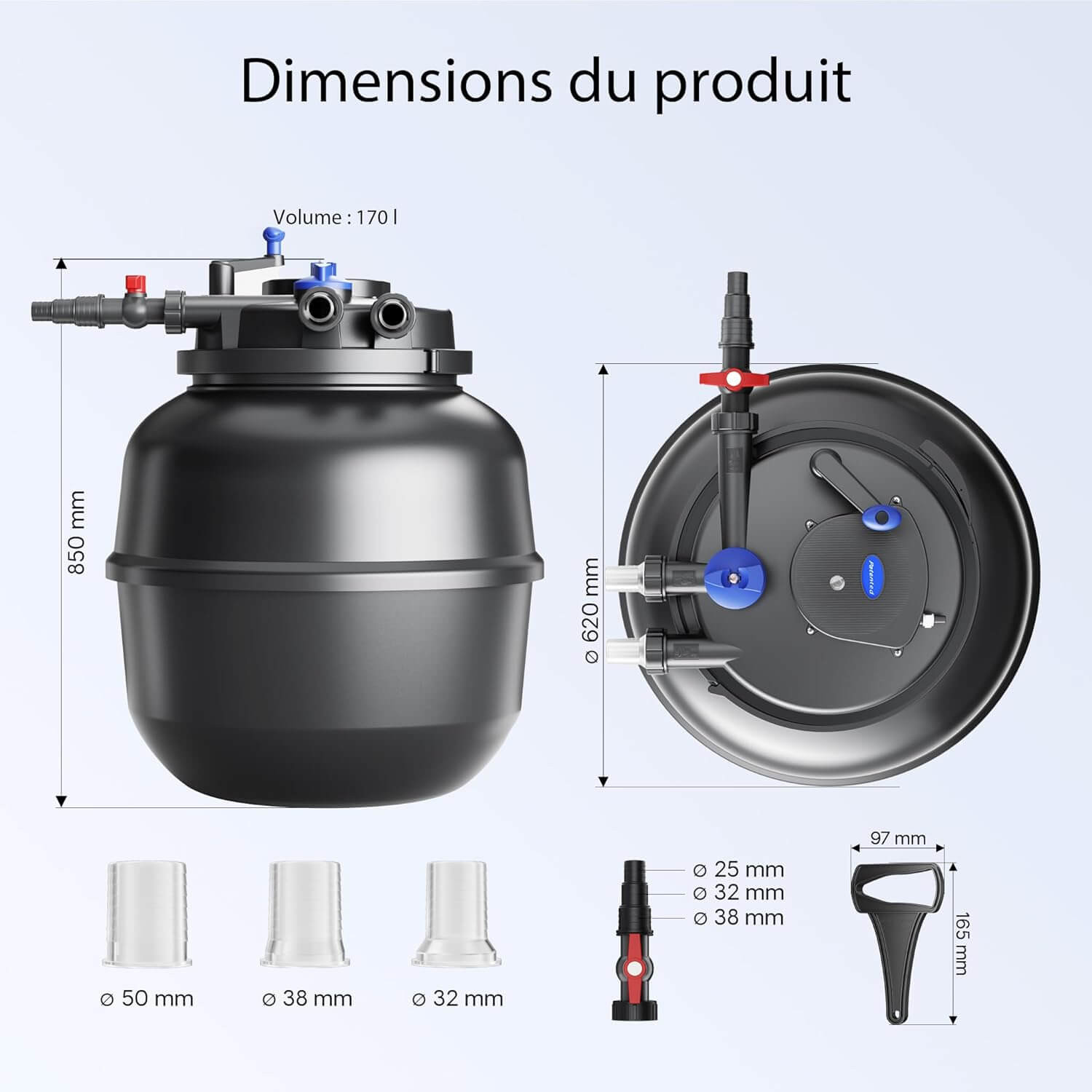 Dimensions filtre Sunsun CPF-50000 hauteur 850 mm diametre 620 mm volume 170 L raccords 32-38-50 mm
