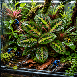 Calathea leuconeura Red Stripe installée dans un terrarium tropical humide