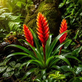 Vriesea splendens en pot avec feuillage zébré brun-rougeâtre et bractée rouge spectaculaire