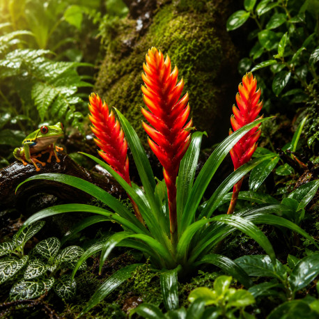 Vriesea splendens en pot avec feuillage zébré brun-rougeâtre et bractée rouge spectaculaire