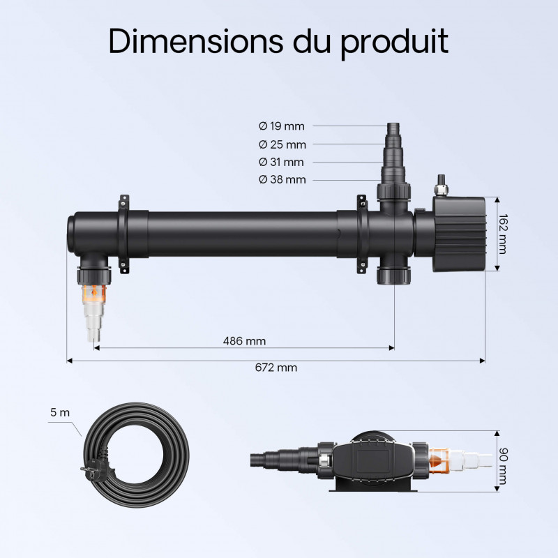 Dimensions CUV-155 — 672mm × 162mm × 90mm, raccords 19 à 38mm, câble 5m