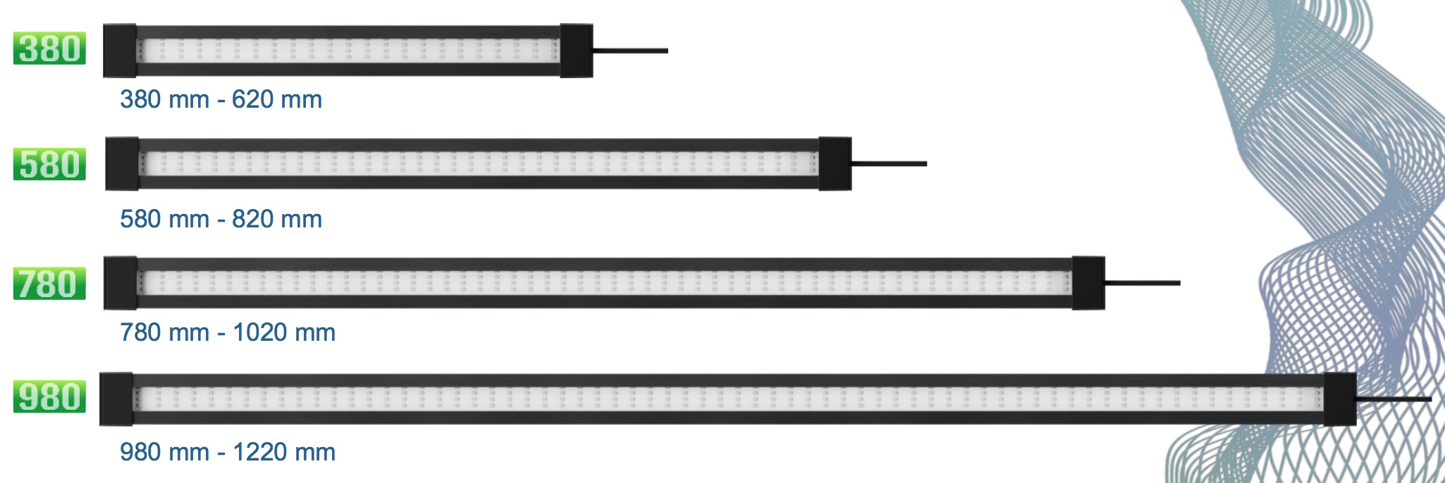 les 4 dimensions des rampes d'éclairage TETRA