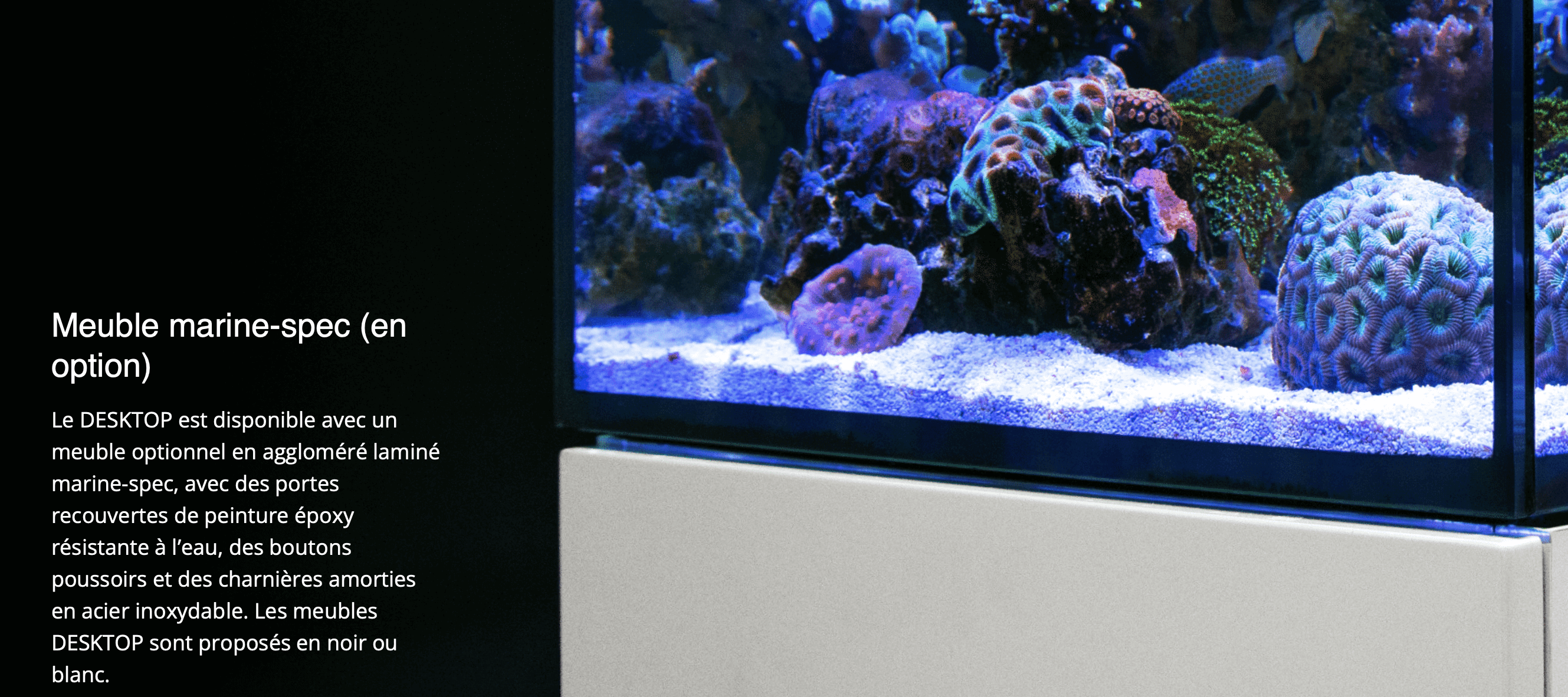 Meuble marine-spec (en option)  Le DESKTOP est disponible avec un meuble optionnel en aggloméré laminé marine-spec, avec des portes recouvertes de peinture époxy résistante à l’eau, des boutons poussoirs et des charnières amorties en acier inoxydable. Les meubles DESKTOP sont proposés en noir ou blanc.