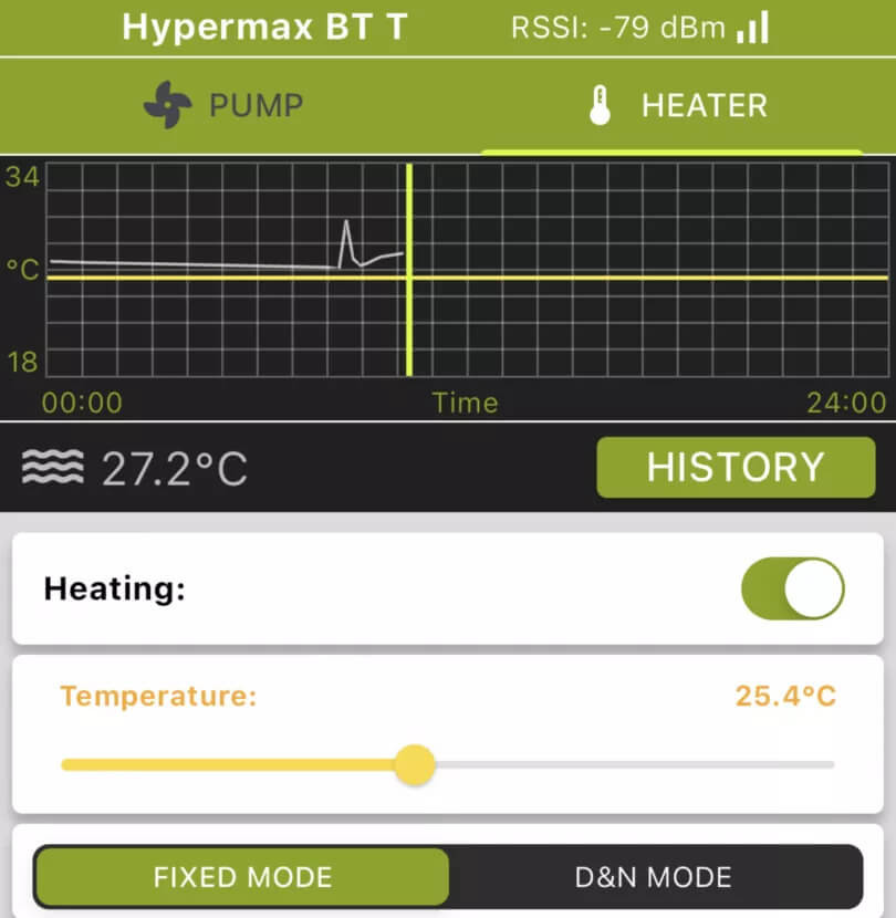 Reglage du chauffage via l'application Aquael BT - mode fixe et historique de temperature sur 24h