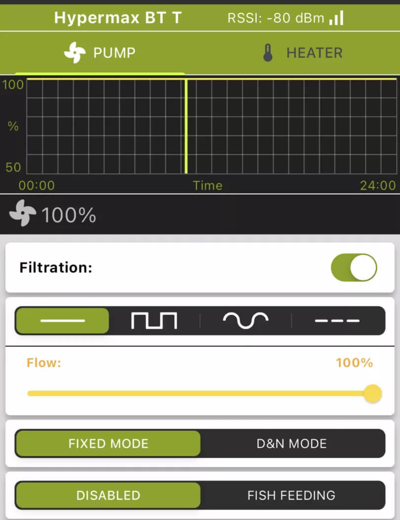 Controle du debit et des modes de flux via l'application Aquael BT - mode alimentation poissons integre