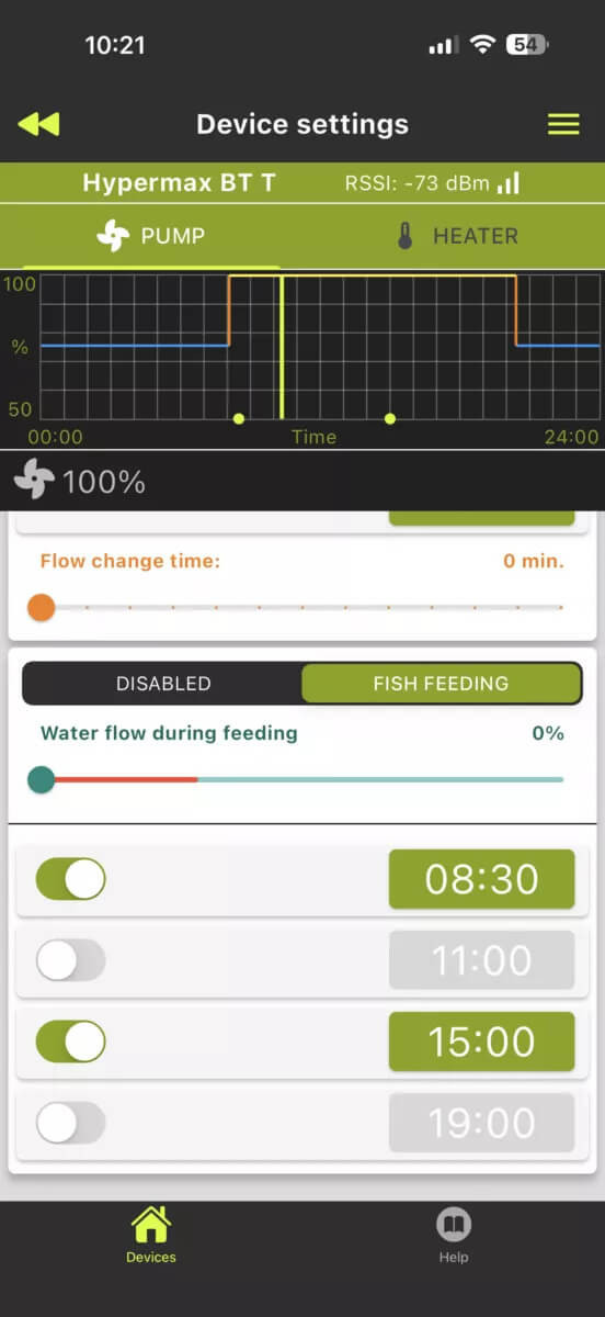 Programmation des horaires d'alimentation sur l'application Aquael BT - debit reduit automatiquement jusqu'a 0%