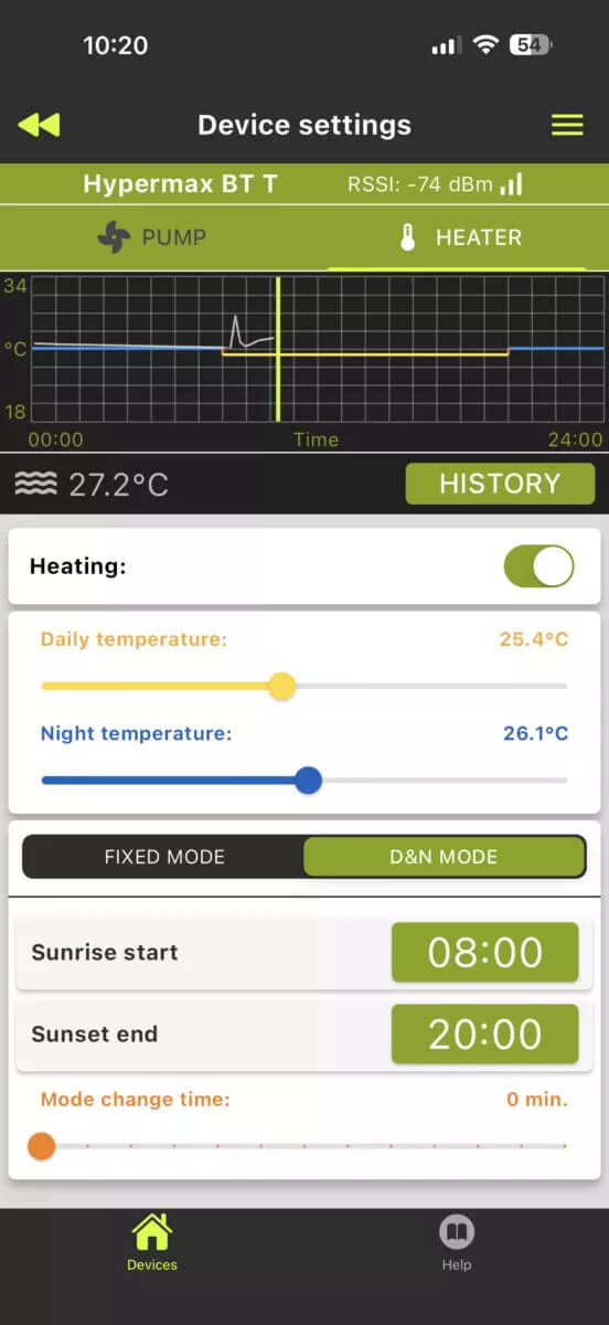 Mode Jour-Nuit de l'application Aquael BT - temperatures diurne et nocturne independantes pour reproduire le milieu naturel