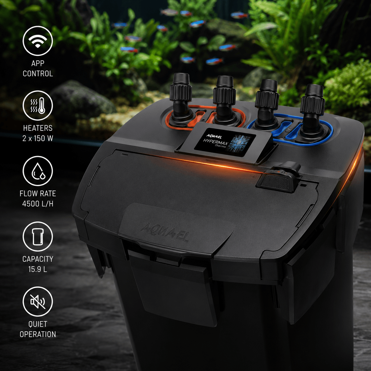 Aquael Hypermax BT Thermo - debit 4500 L/h chauffage 2x150 W capacite 15,9 L controle Bluetooth Aquael Hypermax BT Thermo - debit 4500 L/h chauffage 2x150 W capacite 15,9 L controle Bluetooth